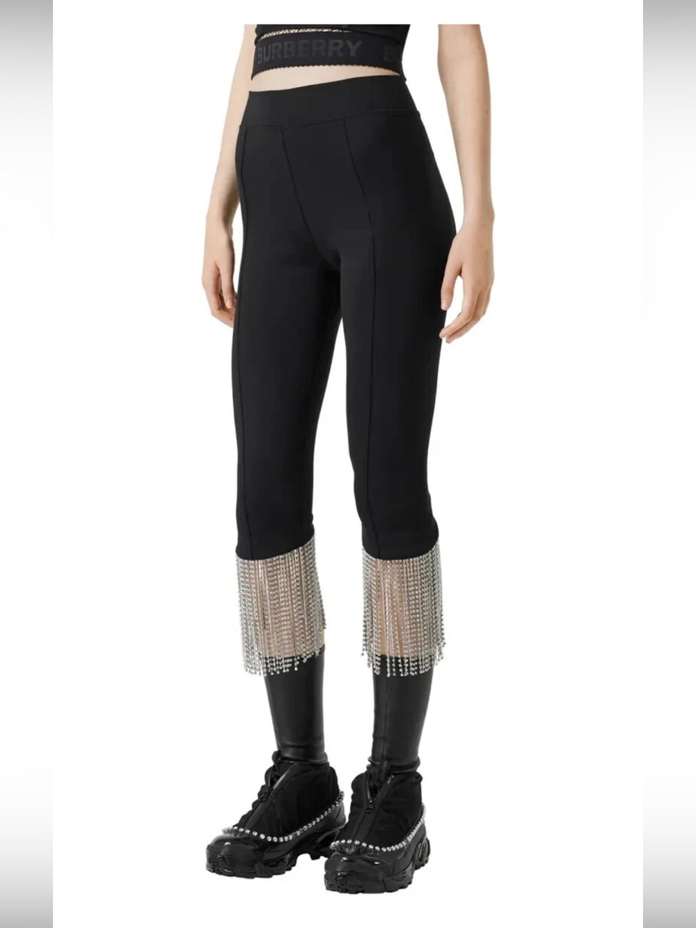 AuthenticBurberry Charente Crystal Fringe Black Leggings Crop Stretch Small
